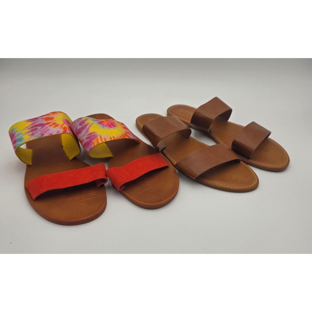 Rouge Helium Women's Flat Slide Sandals Bundle Brown Tie Dye Red Size 8.5 9